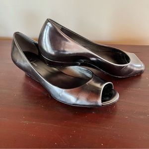 Cole Haan Nikeair Pewter Metallic Low Wedge Peep Toe Shoes